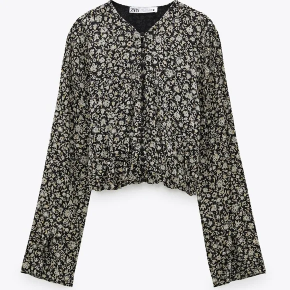 Zara Floral Long Sleeve Button up Crop Blouse - Small - Picture 8 of 8